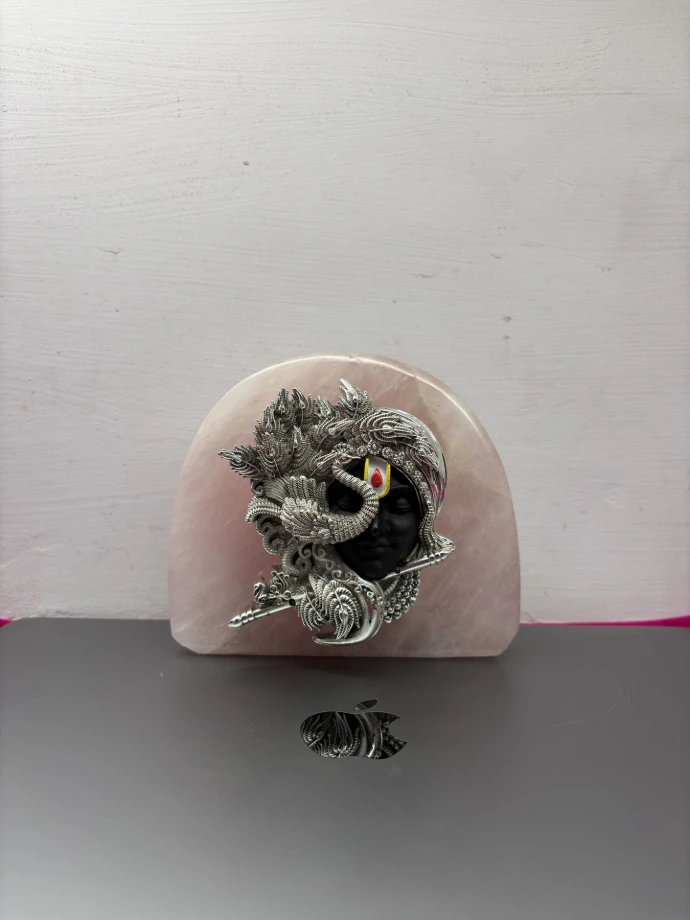 999 Pure Silver Coated / Plated Krishna ji with Rose Quartz