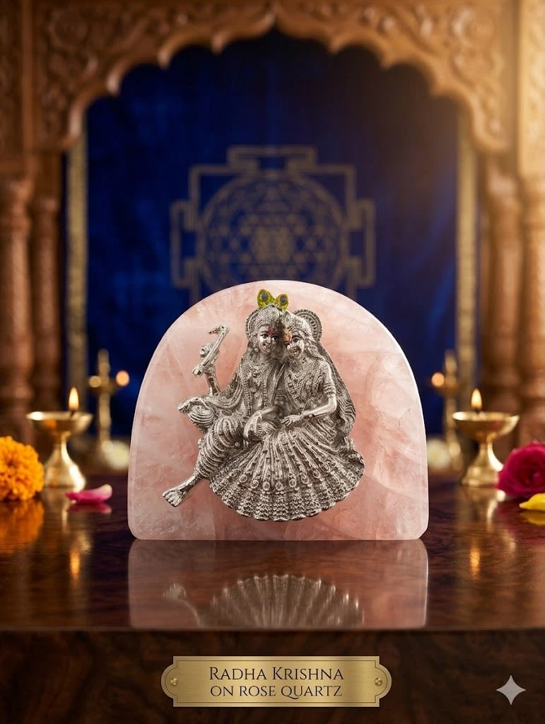 999 Pure Silver Coated / Plated radha Krishna ji with Rose Quartz