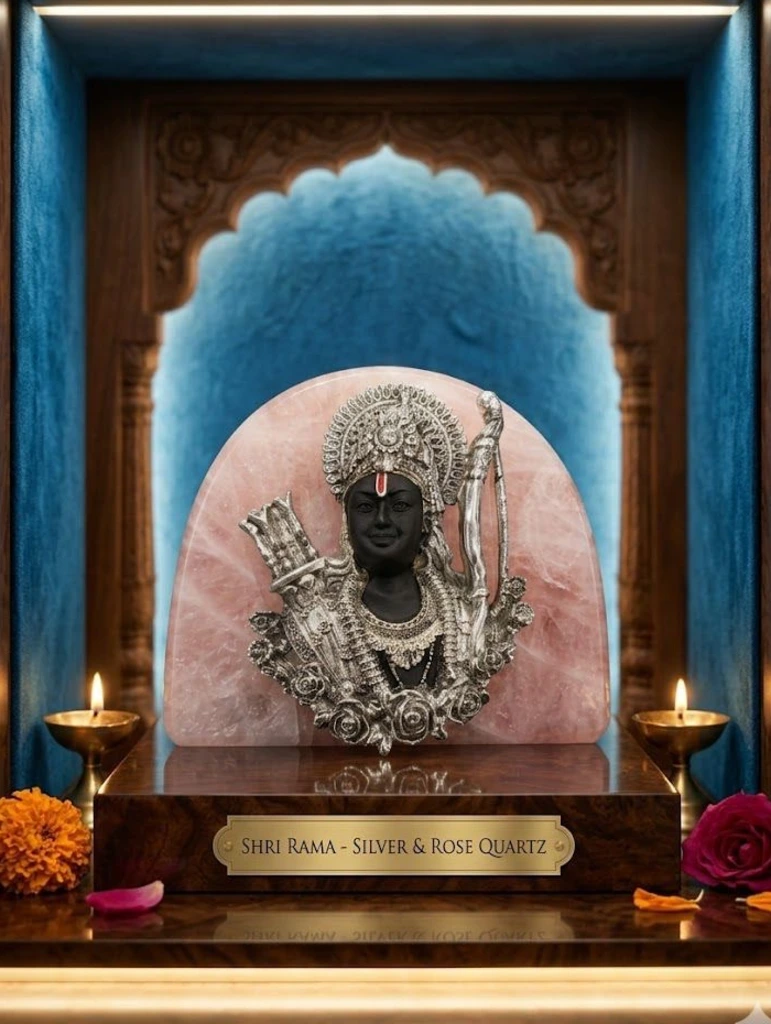 999 Pure Silver Coated / Plated Ram ji with Rose Quartz