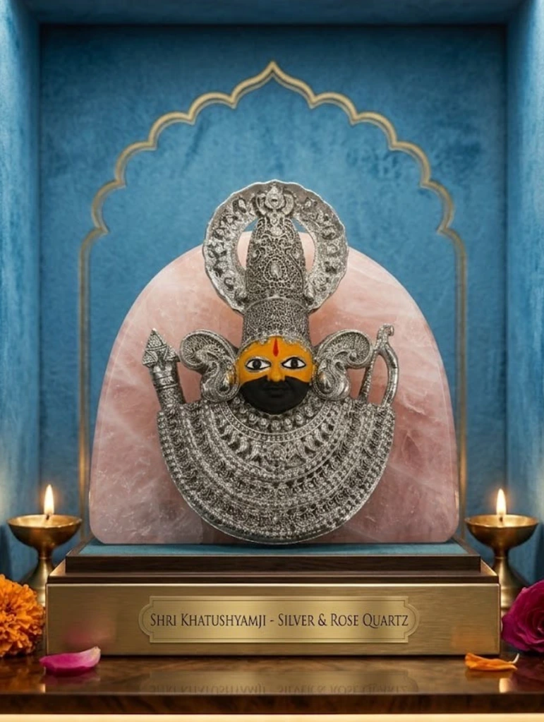 999 Pure Silver Coated / Plated Khatu Shyam JI with Rose Quartz