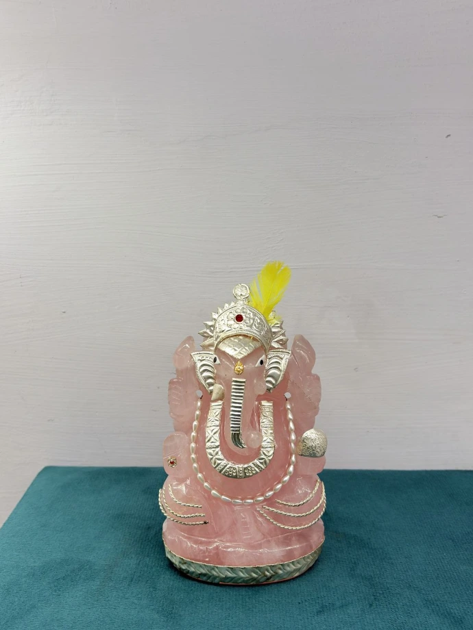 Rose Quartz Natural Stone Ganesh ji with Silver Jewellery
