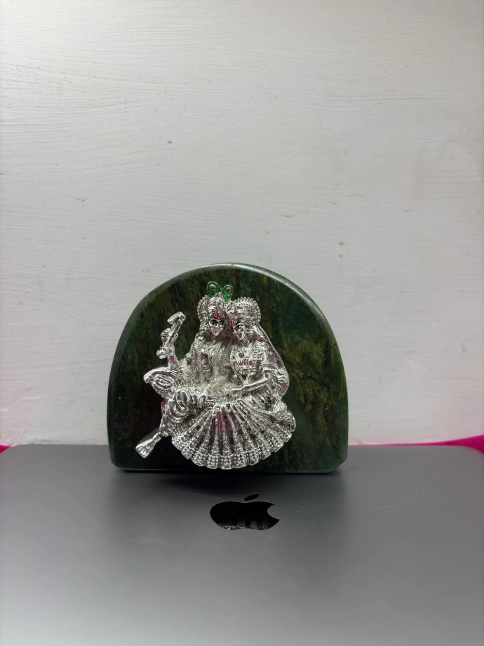 999 Pure Silver Coated / Plated Radha Krishna ji with Jade Natural Gemstone