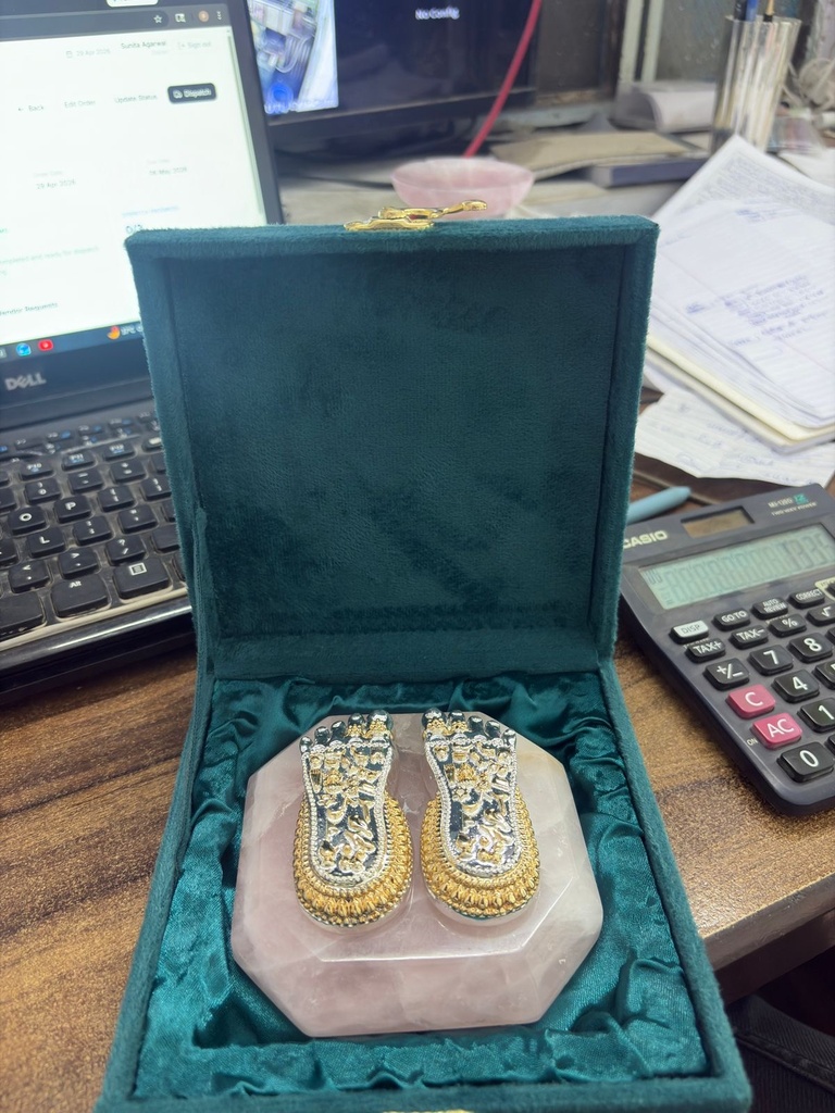 [KDC-POO-0119] Pooja Decor - Charan Paduka Silver & 24kt Gold Coated With Rose Quartz