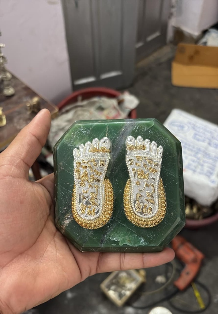 [KDC-POO-0121] Pooja Decor - Jade Charan Paduka Silver & 24kt Gold Coated